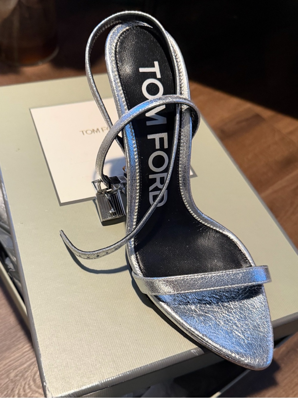 Tom Ford Metallic Silver Strappy High Heel Sandal